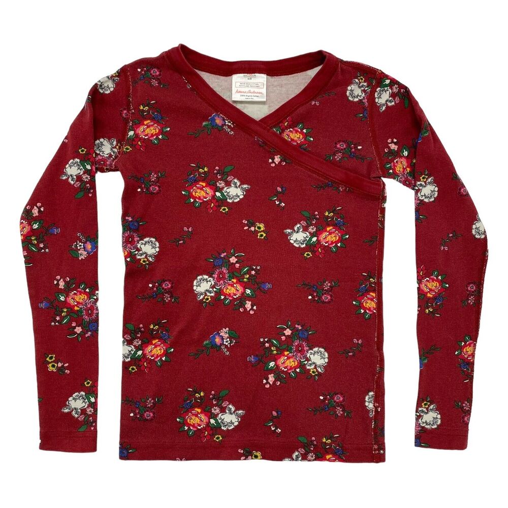 HANNA ANDERSSON Burgundy Floral High V-neck Long John Pajama Top Size 130 8 Red